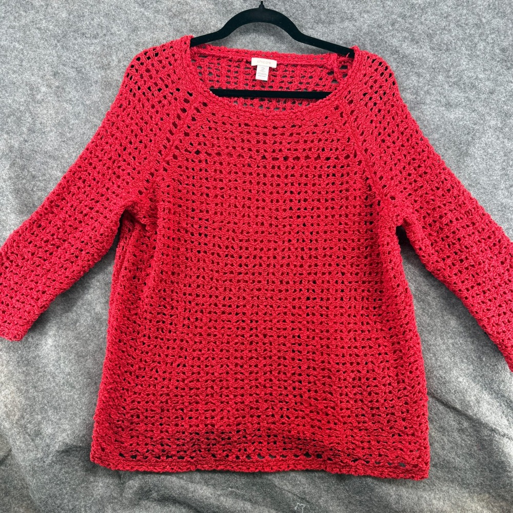 Chico's Crochet Sweater Women 2 Red Open Knit 3/4 Sleeve Crew Neck Boho Top